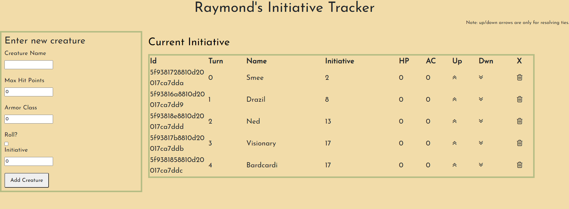 Screenshot of my D&D initiative tracker